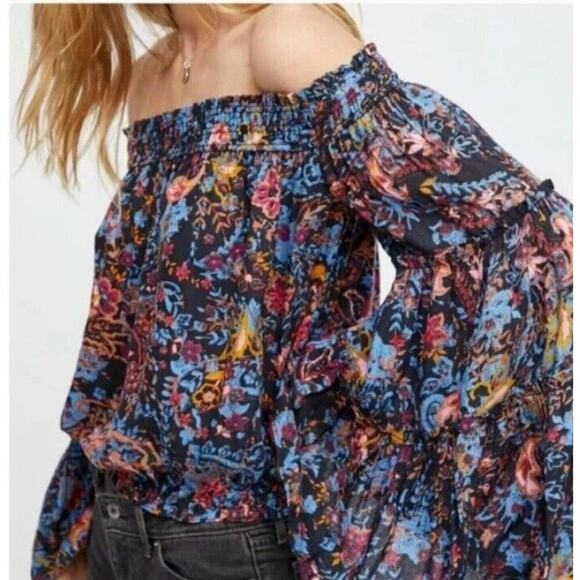 Free People Floral Print Off shoulder Top Sz Small Coquette Boho Festival - Picture 1 of 6